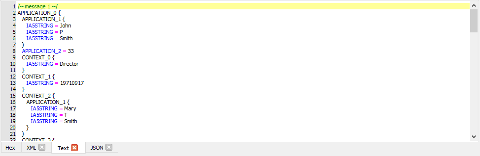 ASN1VE Text 탭에서 ASN.1 메시지 필드와 값을 텍스트로 표시한 화면