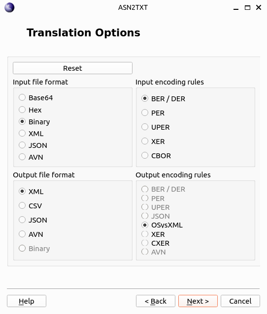 ASN2TXT Translation Options 화면에서 Binary 입력과 BER 또는 DER 인코딩 및 XML 출력을 선택한 모습